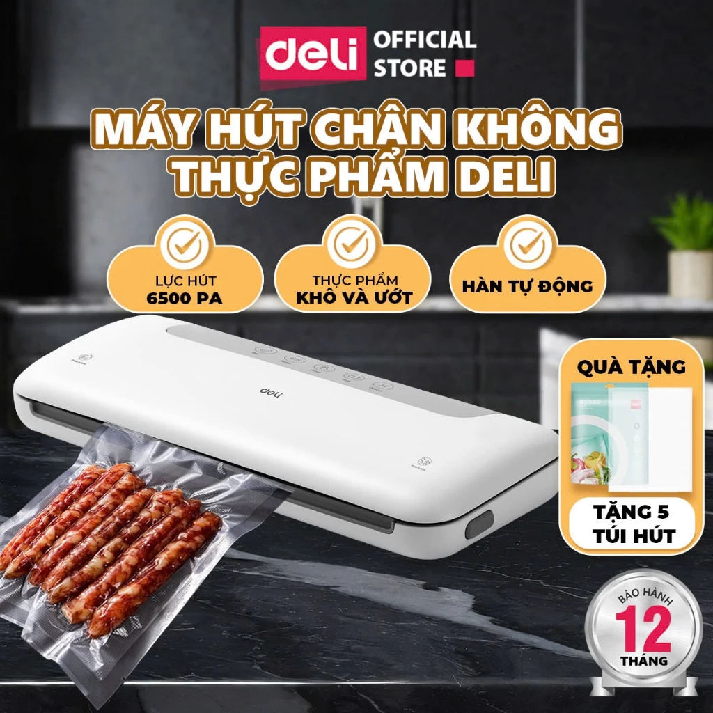 [TẶNG TÚI HÚT]  Máy Hút Chân Không Thực Phẩm DELI 65KPA Hút Hàn Miệng Túi Tự Động Bảo Quản Thực Phẩm