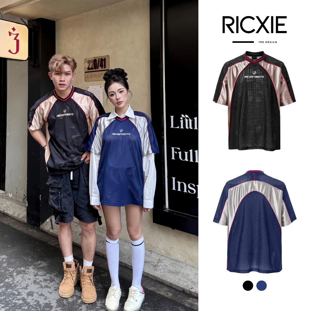 Áo Lưới Thể Thao Jersey Ricxie 2Digits Thêu Phối Cổ Tim Sọc Đỏ Tay Bóng Chiếu