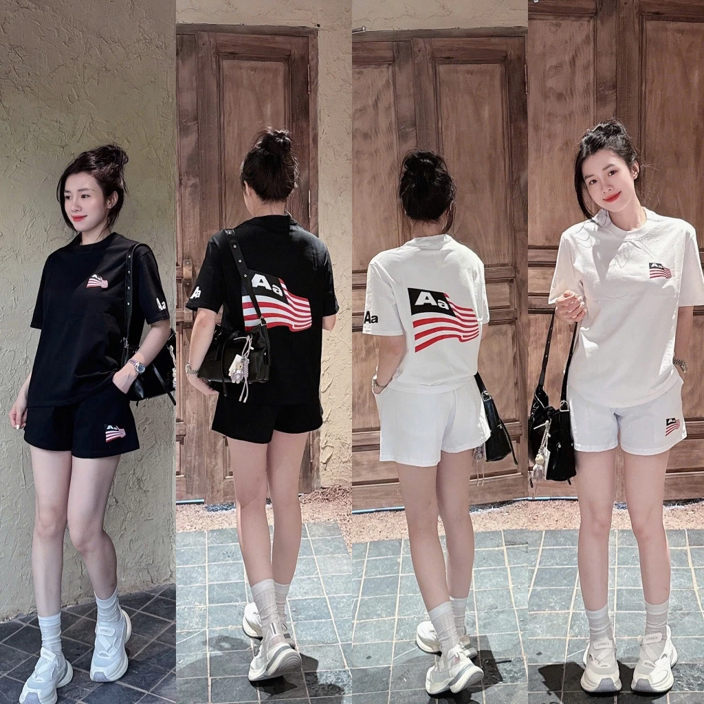 ( Hàng Có Sẵn) Set Bộ Cộc Tay Nữ From RộngChất Vải Cotton 2c Logo In Chuyển Nhiệt 5D Hinh Lá Cờ