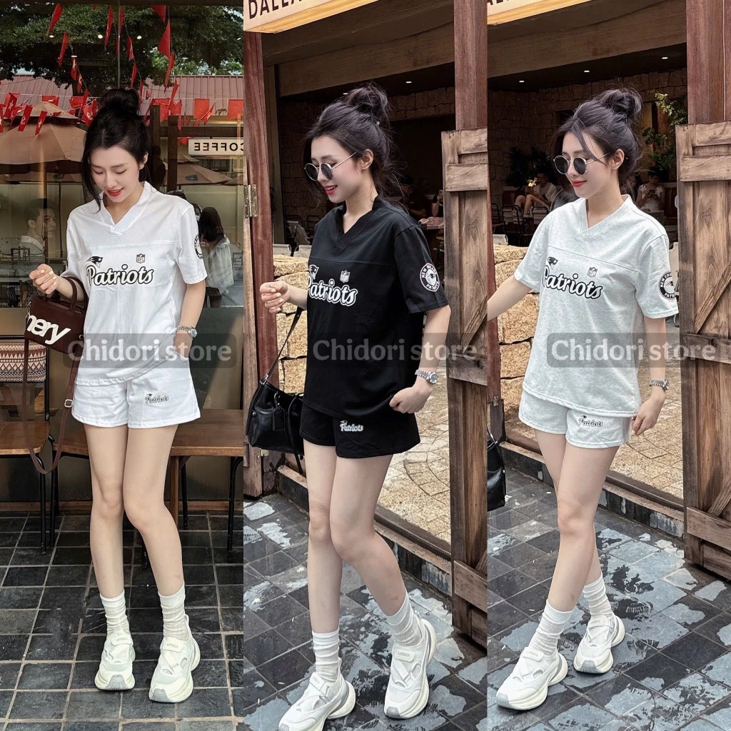 (Hàng Mới Về) Set Bộ Cộc Tay Nữ Cổ Chữ V From Rộng Chất Cotton 2c Logo In 5d Chuyển Nhiệt Sắc Nét