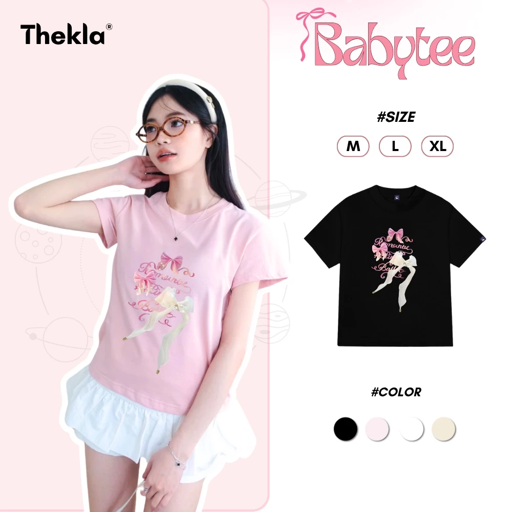 Áo Thun Nữ Baby Tee By Thekla BST02 In Nơ Cute Chất Cotton Thoáng Mát Phong Cách Hàn Quốc