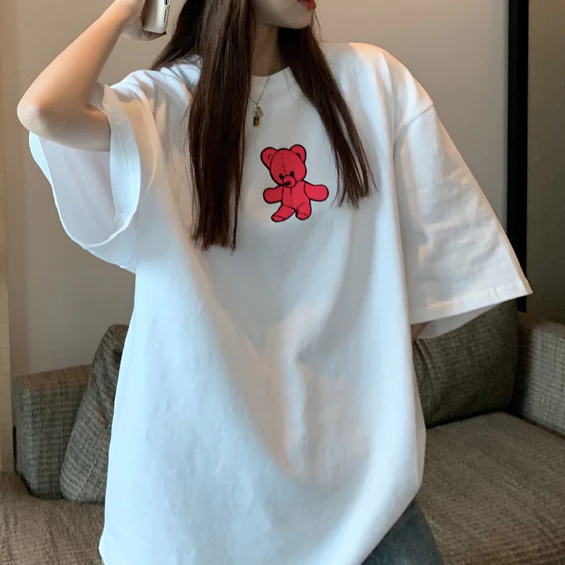 Áo thun COTTON in hình gấu dáng rộng kiểu Hàn Quốc