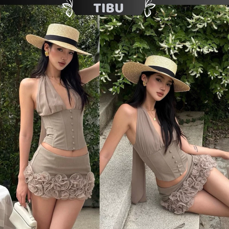Set Áo Cổ Yếm Phối Chân Váy Viền Bèo TIBU Set Đồ Nữ Sang Chảnh Dự Tiệc Đi Chơi Tôn Dáng B472