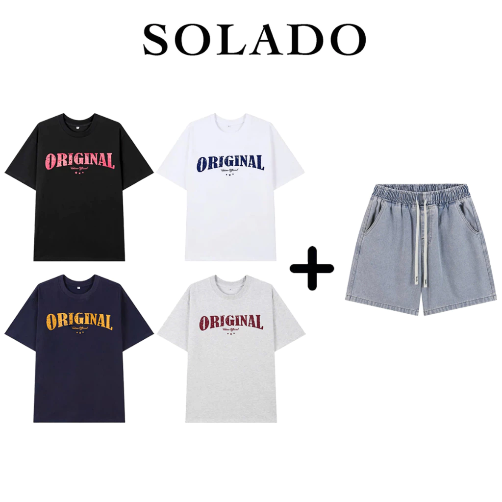Bộ Quần Áo Thể Thao SOLADO Áo Cổ Tròn In Logo + Quần Jean Co Giãn AT08-QSJ01
