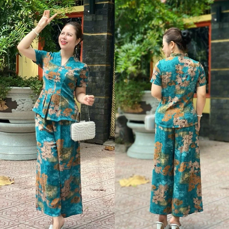 Ms30 Set Đồ bộ trung niên cho mẹ, áo có cổ, quần ống rộng, quần giả váy, chất lụa nhập