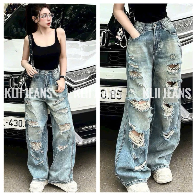 Quần jeans ống suông rách nhiều đẹp 103cm KLii jeans sẵn