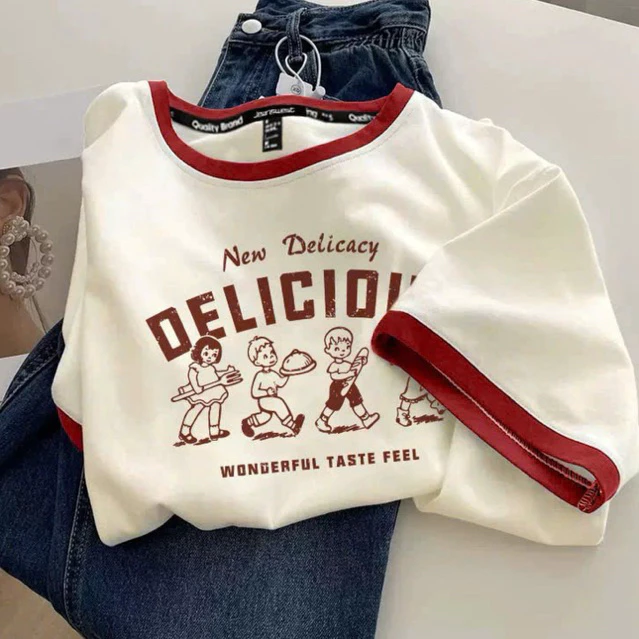 Áo thun nữ ngắn tay phối viền in hình style Hàn Quốc Menina_studio, áo thun nữ cotton 100% form rộng cổ tròn