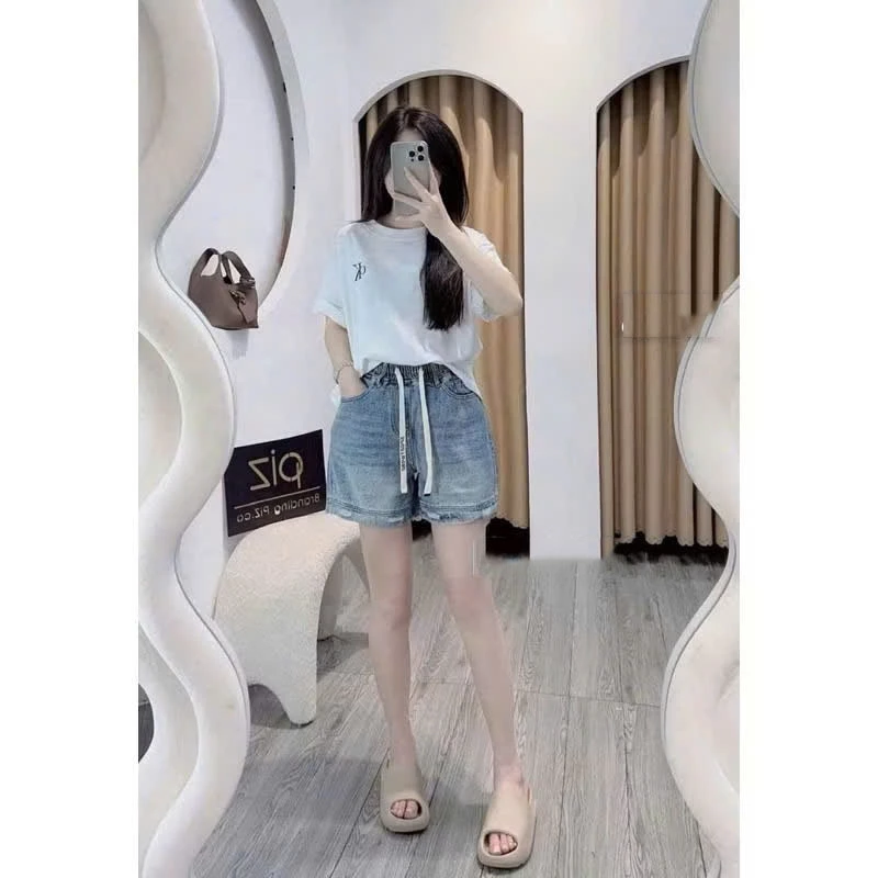 Quần đùi jean xước gối lưng thun cạp cao có bigsize [M46]