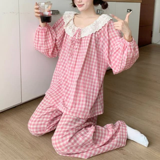 Bộ Đồ Ngủ Kẻ Caro Bộ Pijama NữThắt Nơ Xinh Xắn Áo Tay Dài Quần Dài Nhà Pink
