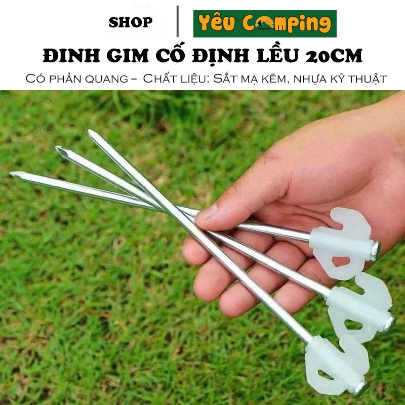 Phụ Kiện Cọc Đinh Ghim Cố định lều 20cm có phản quang, Dây néo lều có khoá