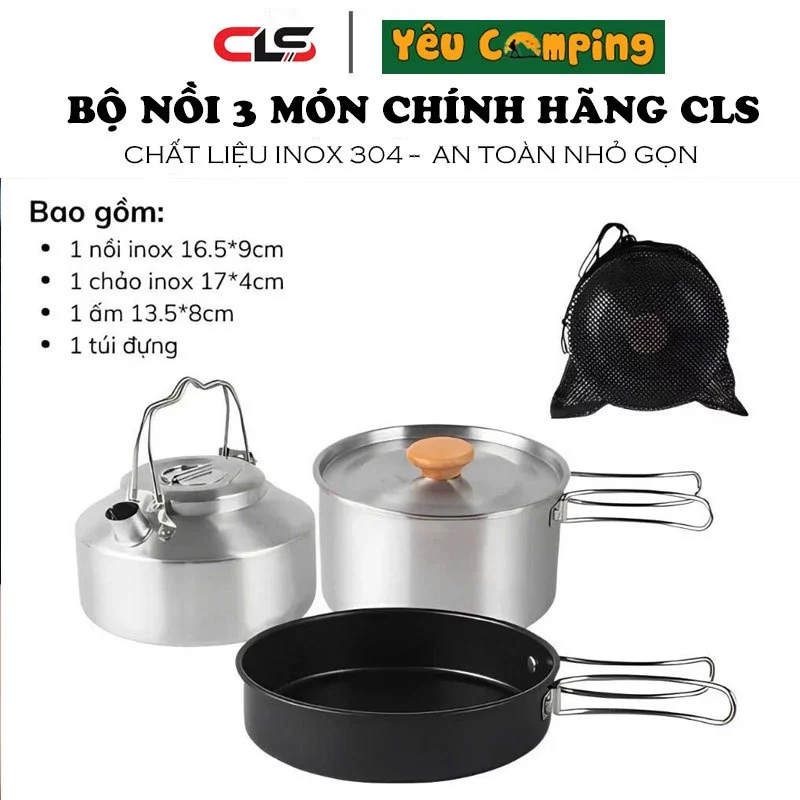 Bộ nồi camping 3 món nồi chảo ấm hãng CLS chất liệu inox 304 an toàn nhỏ gọn