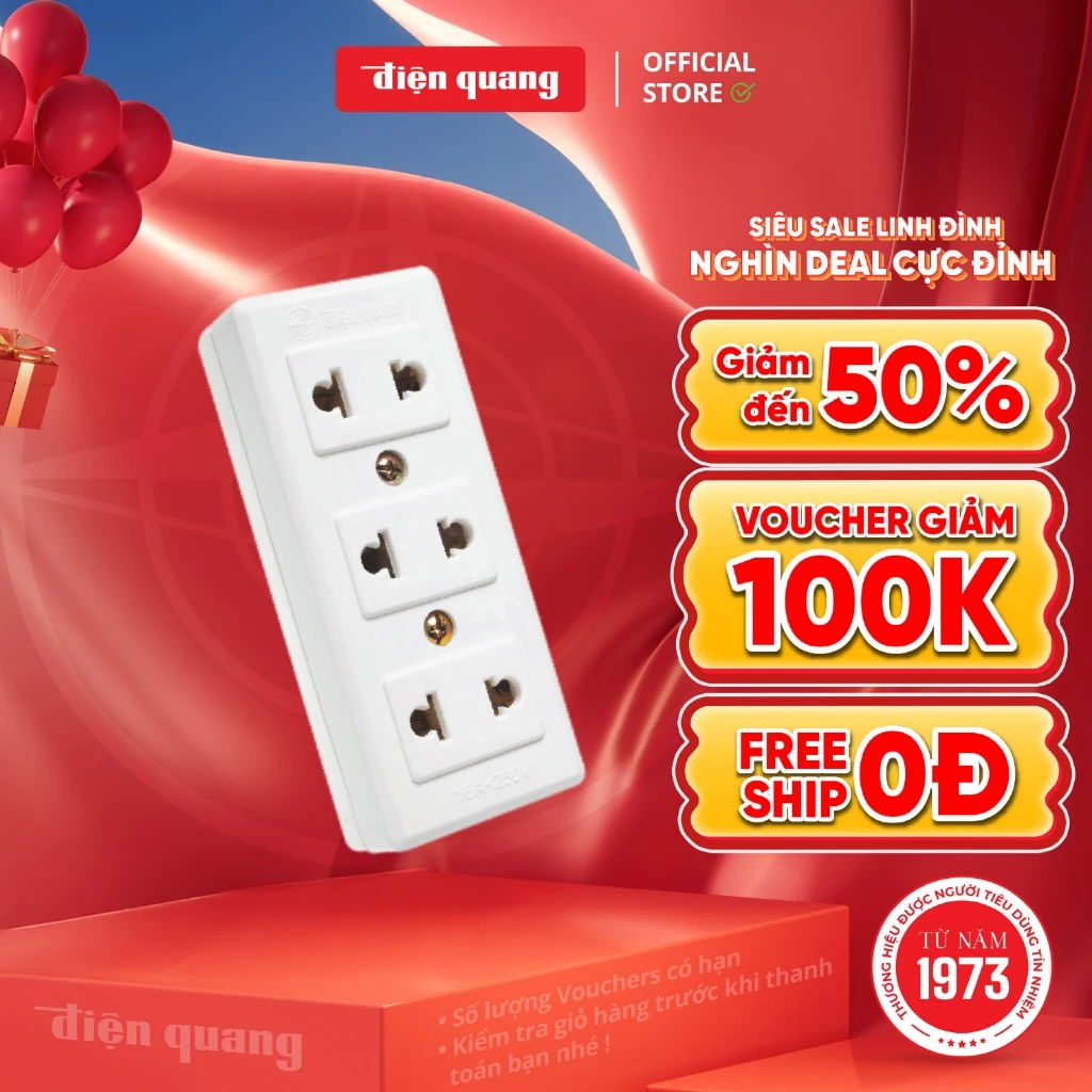 Ổ Cắm Điện Quang ĐQ 004A-02 (3 lỗ không dây) Thiết Kế Nhựa ABS Cách Nhiệt Bảo Hành 12 Tháng