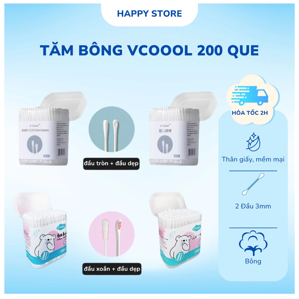 Tăm bông cho bé sơ sinh 2 đầu Vcool hộp 200 que, bông ngoáy tai Misuta 200/400 que Happy Store