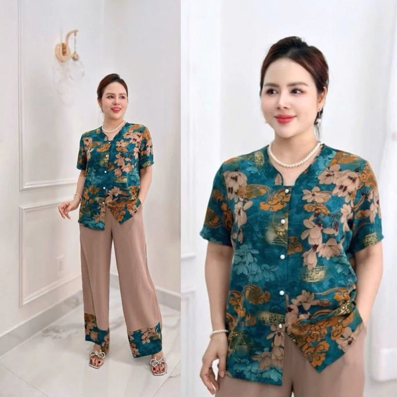 Đồ bộ trung niên, đồ bộ mặc ở nhà cho các bà, các mẹ, áo cổ tàu, quần dài suông, chất lụa nhập co dãn thoải mái Ms23