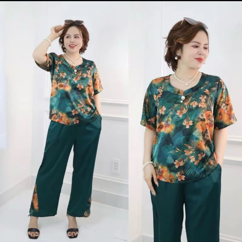 Đồ bộ trung niên, đồ bộ mặc ở nhà cho các bà, các mẹ, áo cổ tròn, quần 9 tấc , chất lụa nhập co dãn nhẹ CC15