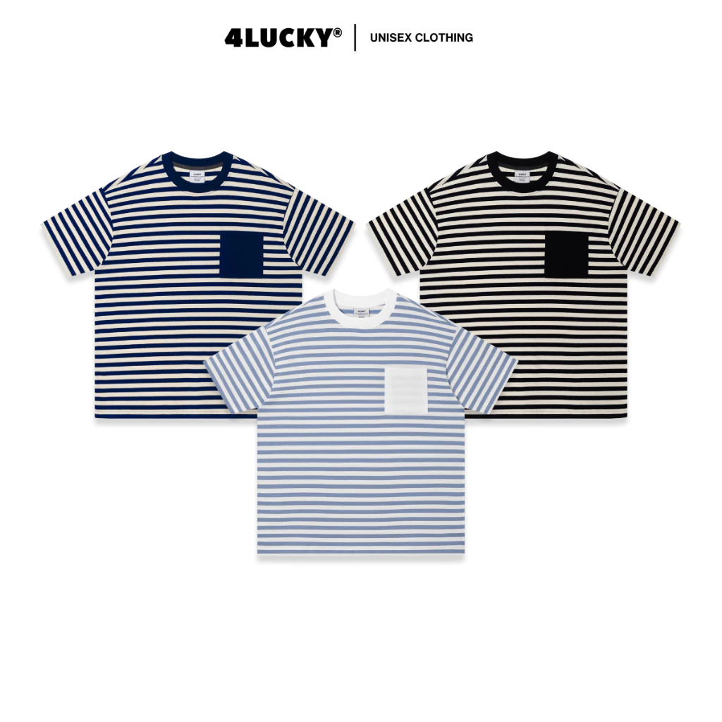 Áo Thun Form Boxy Sọc Ngang Phối Túi Unisex 4Lucky 6421, Áo Thun Cổ Tròn Tay Ngắn Năng Động Vải Thun Nam Nữ