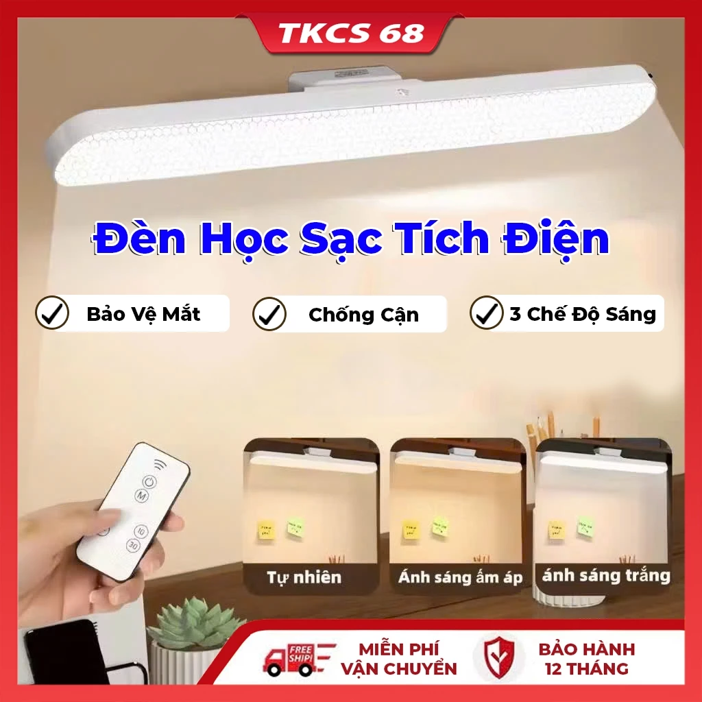 Đèn học  bảo vệ mắt để bàn  tích điện có remote, đèn led gắn bàn học tích điện đa năng điều chỉnh xoay 80 độ bảo vệ mắt