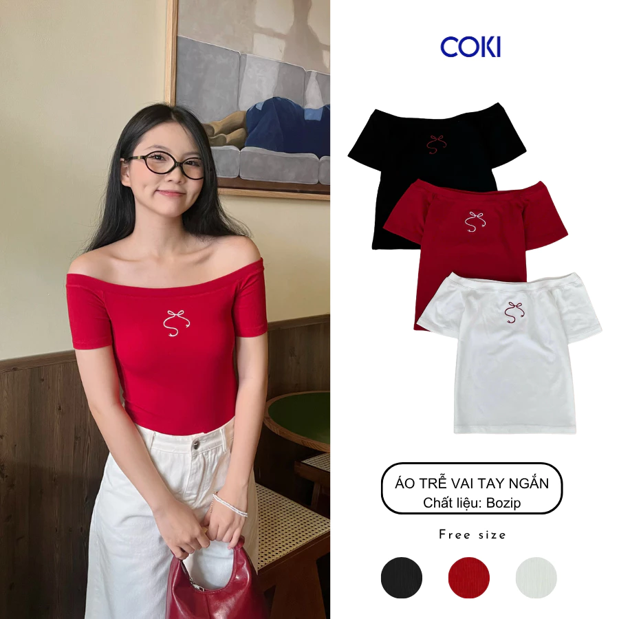 Áo Thun kiểu Nữ Croptop Thêu Nơ Ngắn Tay Trễ Vai ôm body