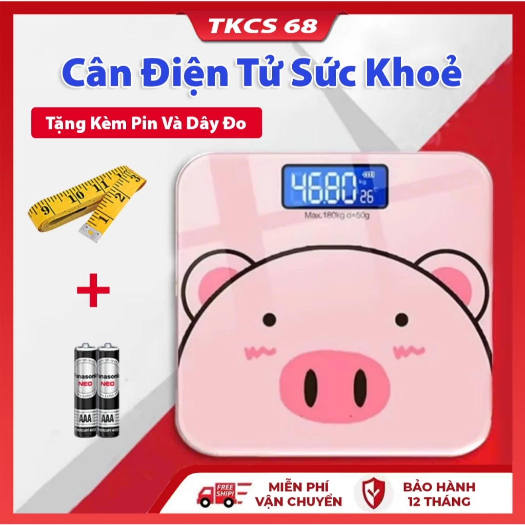 Cân Điện Tử Sức Khỏe Hình Heo Hồng Gấu Dâu Chính Xác Dễ Thương, Theo Dõi Cân Nặng, Hiển Thị Pin Nhiệt Độ Bảo Hành 1 Năm