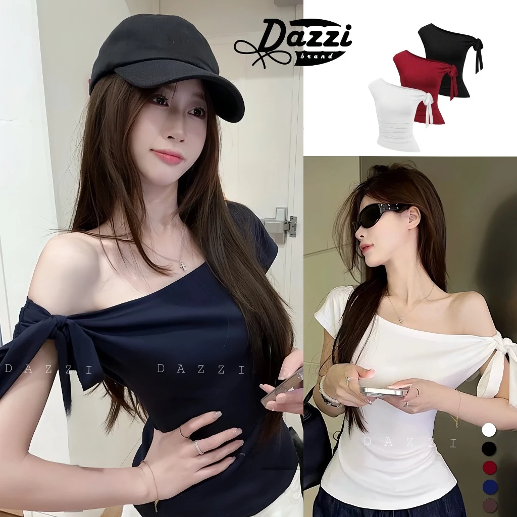 Áo thun nữ trễ vai DAZZI ôm body thiết kế thắt nơ vai chất cotton mịn A033