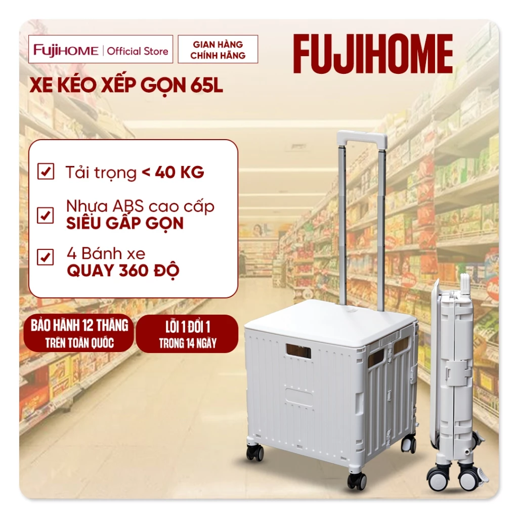 Xe kéo hàng gấp gọn 4 bánh nhập khẩu Fujihome, xe đẩy 2 bánh hộp vali 65L xếp gọn đa năng đi chợ siêu thị trên ô tô