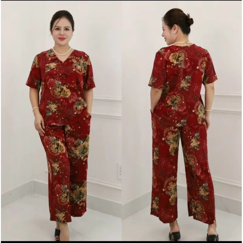 Đồ bộ trung niên, đồ bộ mặc ở nhà cho các mẹ quần suông 9 tấc, chất lụa nhập co dãn thoải mái MS03