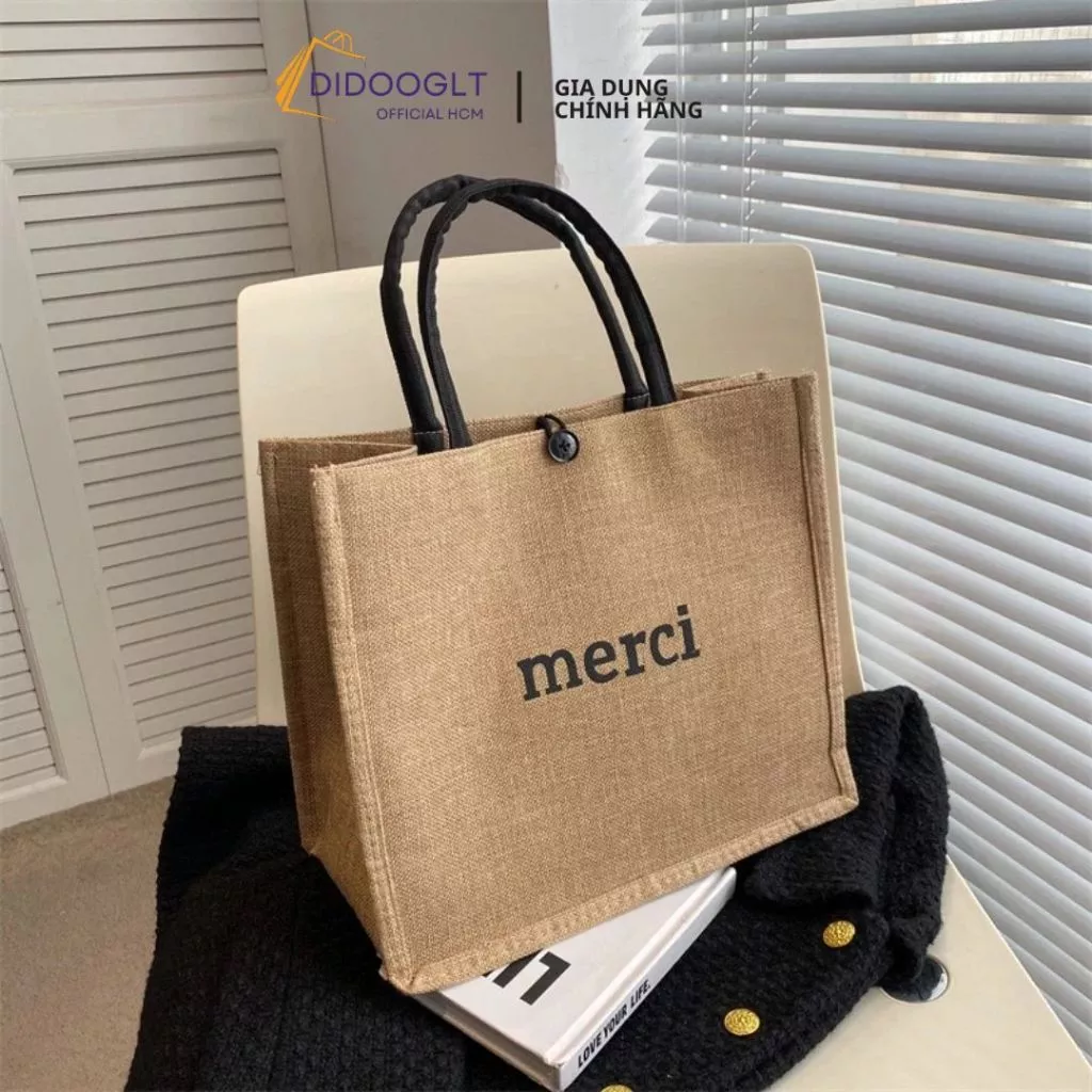 Túi Cói Merci Có Đệm Đáy - Túi Quai Xách Có Cúc Bấm Size A4 Chống Nước Phong Cách Hàn Quốc