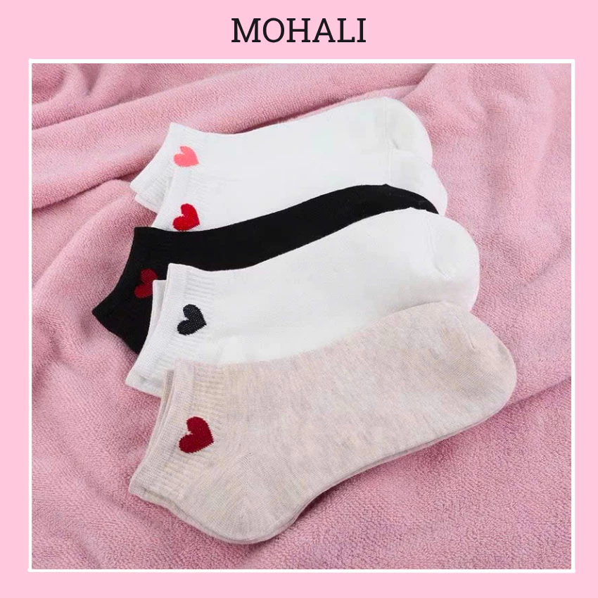 Set 5 đôi tất cổ ngắn nam nữ vớ tim thêu cổ thấp chất liệu cotton dày dặn kháng khuẩn MOHALI VN009