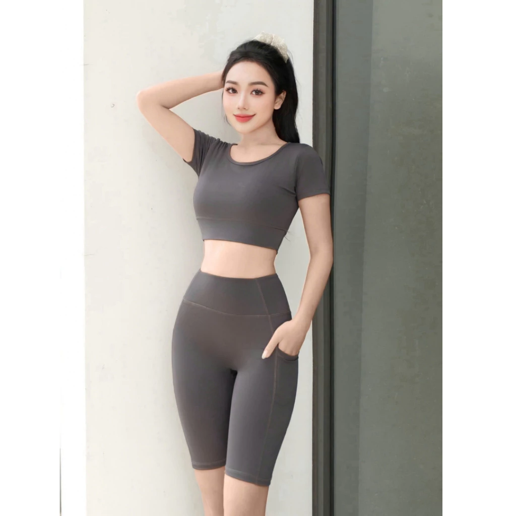 Set đồ tập gym nữ Ng02 – Áo cộc tay phối màu, quần ngố túi cạp cao thun co giãn 4 chiều hot trend