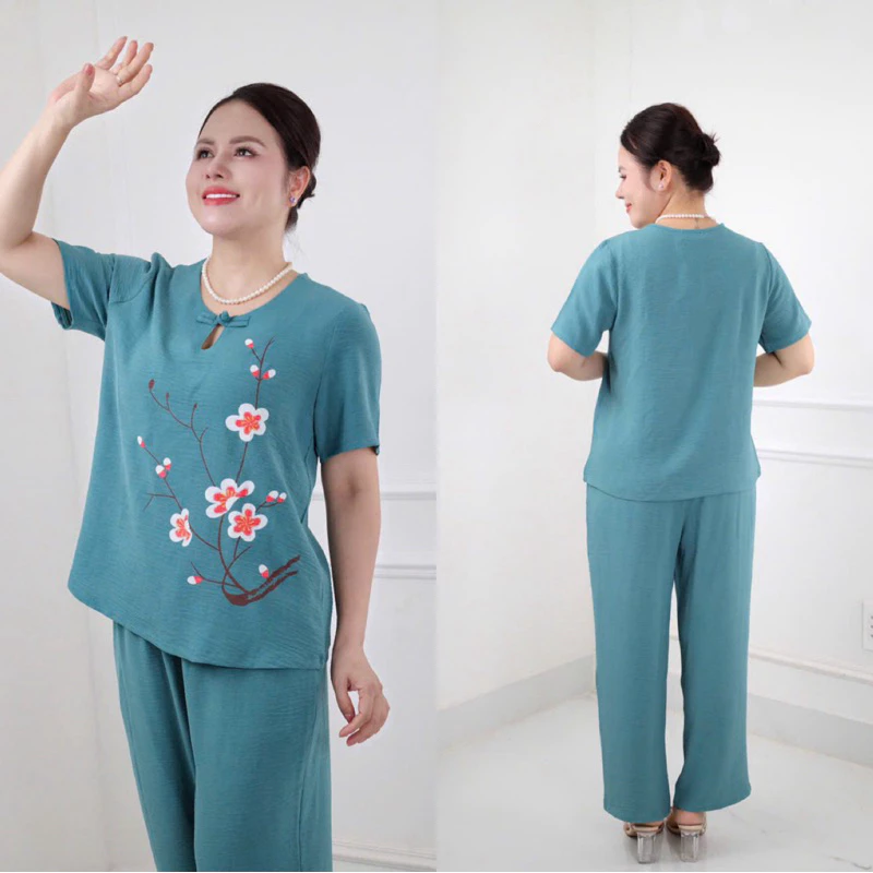 Đồ bộ trung niên, Sét đồ kiểu  cho các mẹ,quần dài ống rộng, chất đũi lụa vân  thoáng mát  Ms81