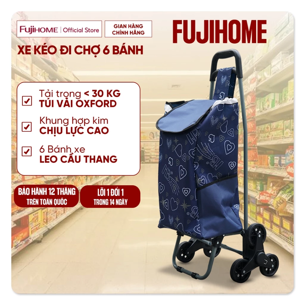 Xe kéo đi chợ leo cầu thang gấp gọn FUJIHOME nhập khẩu, xe đẩy 2 bánh tặng kèm túi chống thấm nước tiện lơi