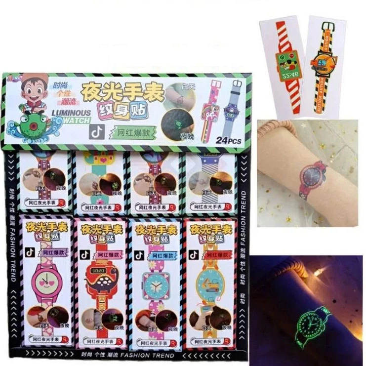 Lốc 24 Hộp Đồng Hồ Xăm Dạ Quang Phát Sáng Đồ Chơi Trẻ Em Cho Bé Đeo Tay Glow In Dark Watch Decal