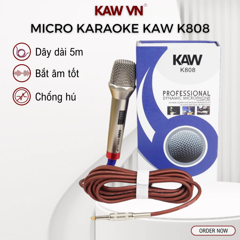Micro Hát Karaoke KAW K808 Lọc Âm Tốt, Chống Hú, Chống Ồn, Dây Dài 5m Sử Dụng Trong Gia Đình