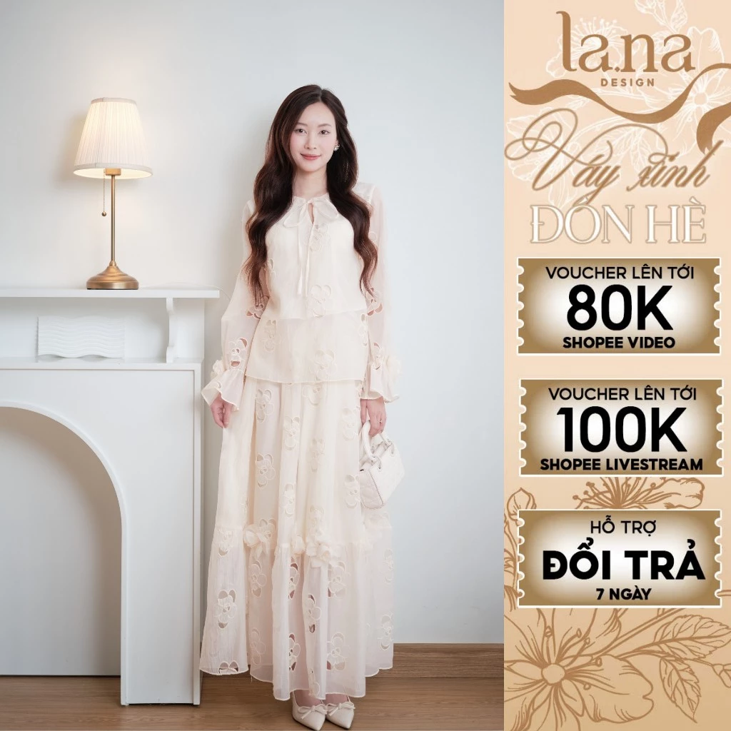 Set váy Petal Grace thiết kế LA.NA DESIGN màu be nữ tính vải tơ họa tiết hoa phù hợp đi chơi, đi tiệc - SV124