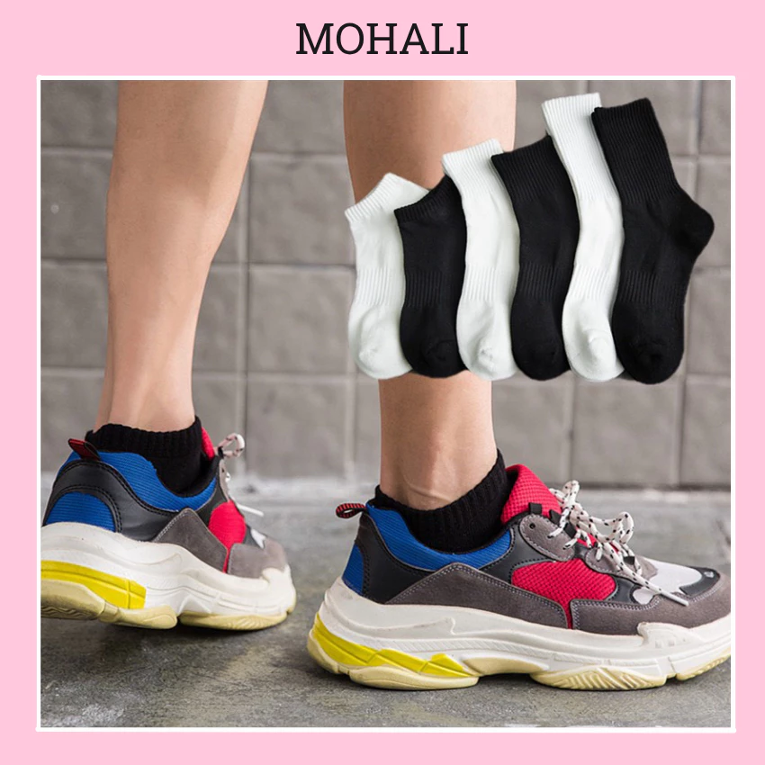 Combo 5 đôi tất vớ cổ ngắn trơn dệt kim đen trắng chất cotton dày dặn kháng khuẩn MOHALI VC010