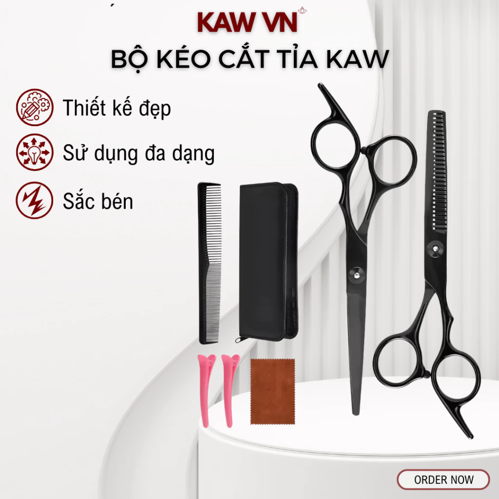 Bộ Kéo Cắt Tỉa Tóc Sơn Đen KAW Cao Cấp Cắt Tỉa Chuyên Dụng Kèm 8 Phụ Kiện Sắc Bén Dễ Sử Dụng