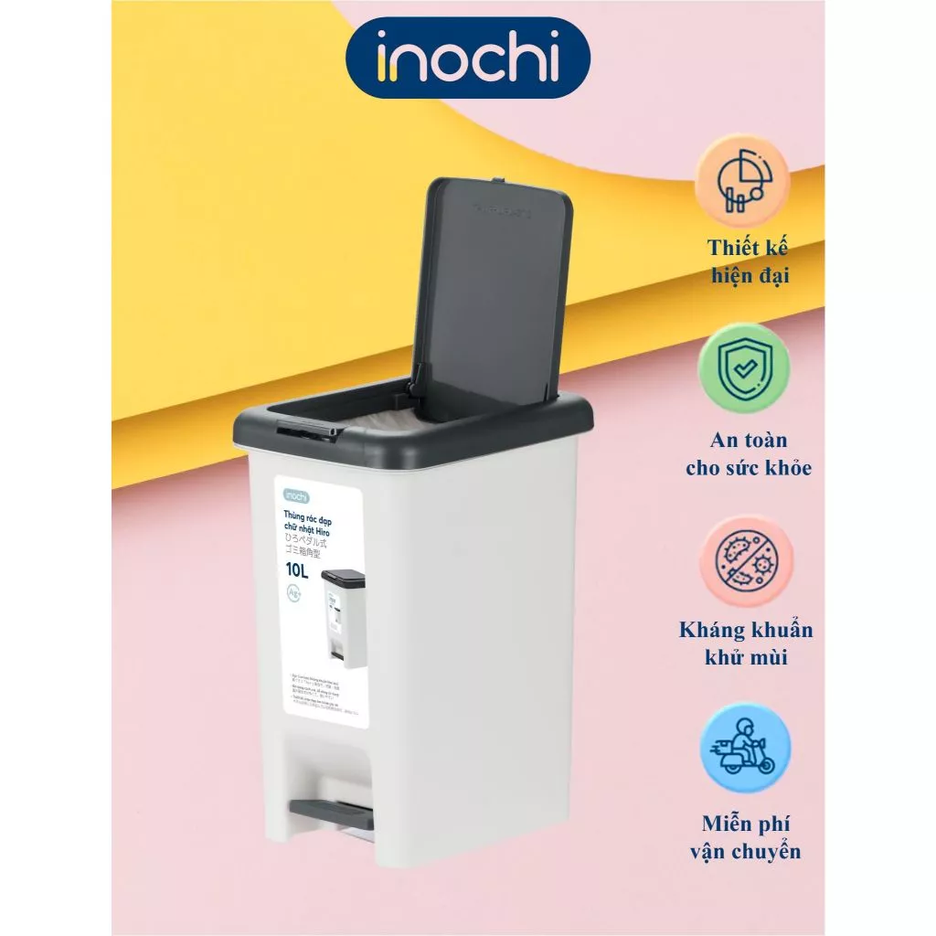 [INOCHI] Thùng rác đạp chữ nhật, bấm tay & đạp chân tiện dụng, có lõi, nhựa PP bền đẹp, ngăn mùi tốt