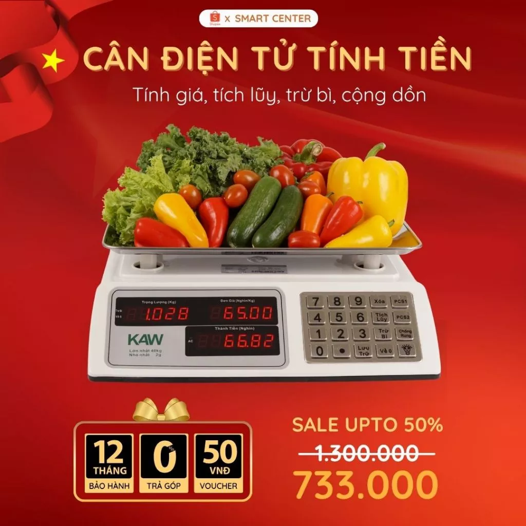 Cân Điện Tử Tính Tiền KAW, Màn Hình LED Hiển Thị 2 Mặt, Tính Tiền Nhanh, Bảo Hành Chính Hãng