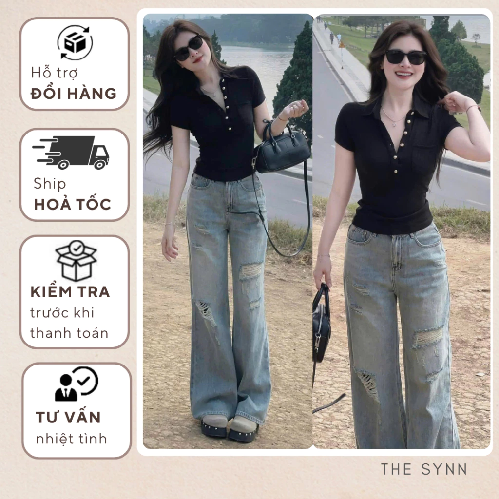 Quần Jeans Nữ Ống Suông Thiết Kế Loe Nhẹ Phối Rách Phong Cách Chất Vải Dày Dặn Thoải Mái The Synn - QJ53