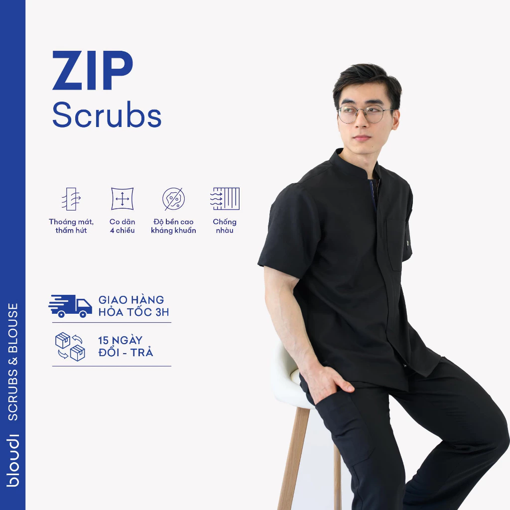 Bộ Scrubs Bác Sĩ Nam Bloudi Zip Up đồng phục y tế, phòng khám, bệnh viện, nha khoa