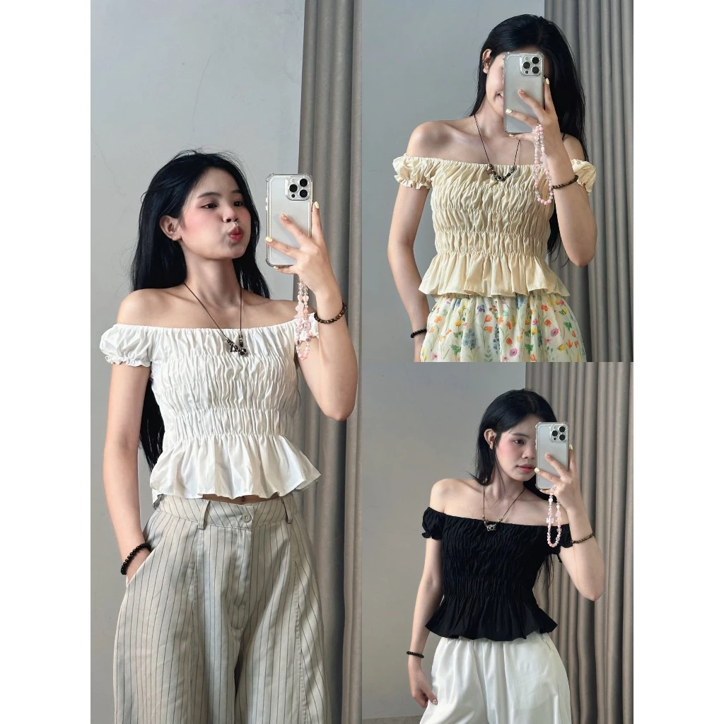 Áo Trễ Vai Nhún Ôm Body Dáng Crop 247store Chất Gió Nhăn Co Giãn Aotrevai333