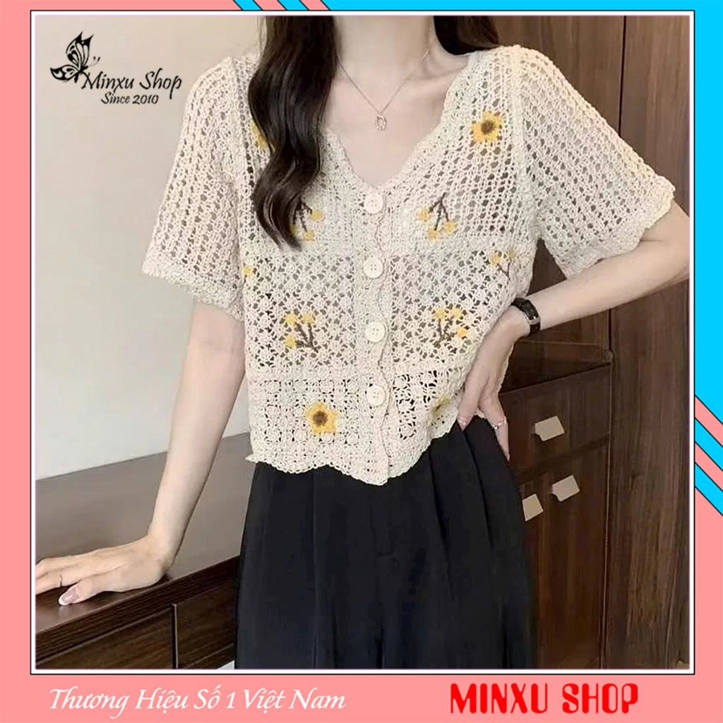 (Tặng Kèm Quây) Áo Len Lưới Thêu Hoa Vàng Kèm Quây Có Đệm Mút Mặc Đi Chơi Đi Biển Hàng QC Minxu Shop CK82