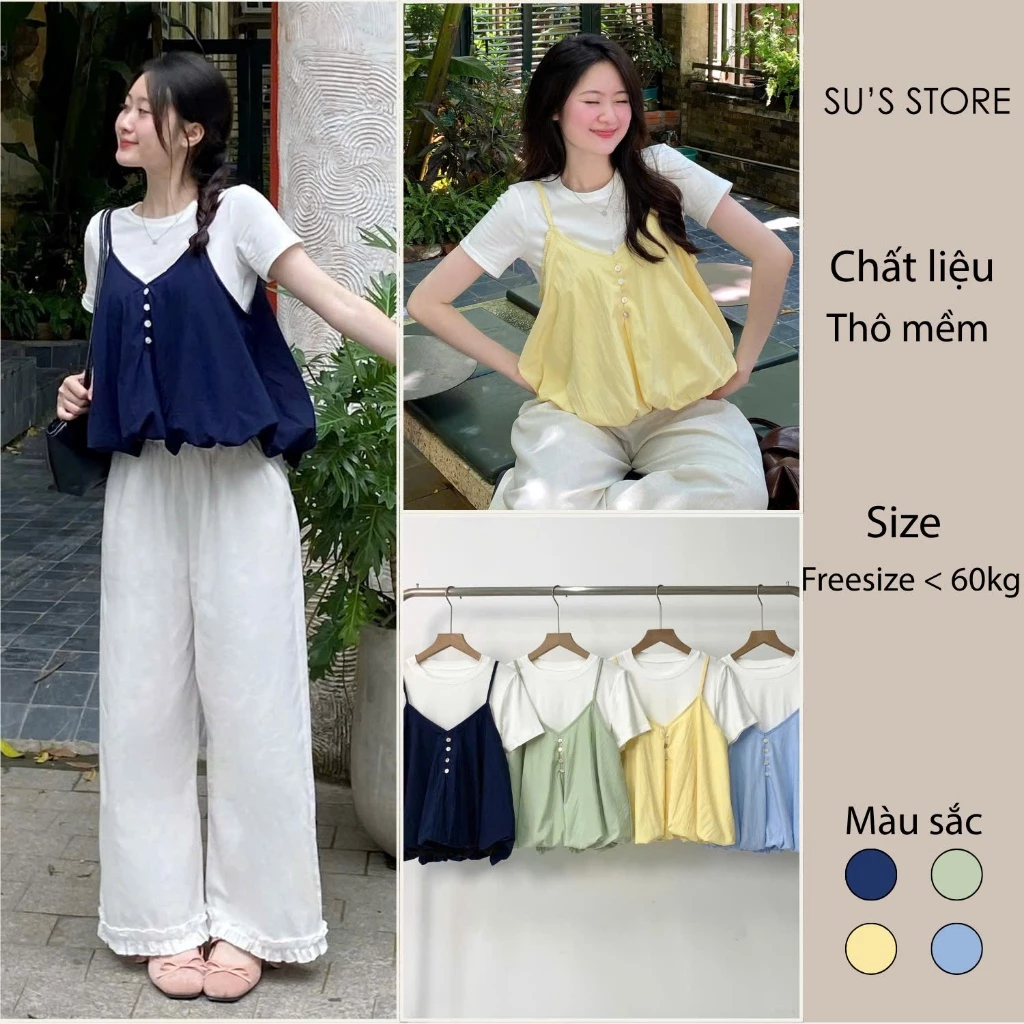 Set Yếm Nữ 2 Dây Dáng Bí Cúc Dọc Kèm Áo Thun Trơn (Có Bán Lẻ Yếm) Susstore S807 Thời Trang Nữ