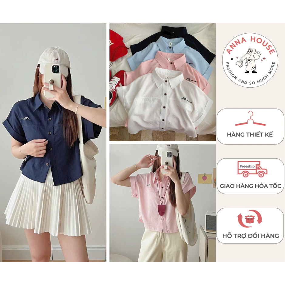 Áo sơ mi nữ cổ đức tay ngắn dáng croptop form rộng chất đũi , áo sơ mi nữ cộc tay gập dáng ngắn croptop