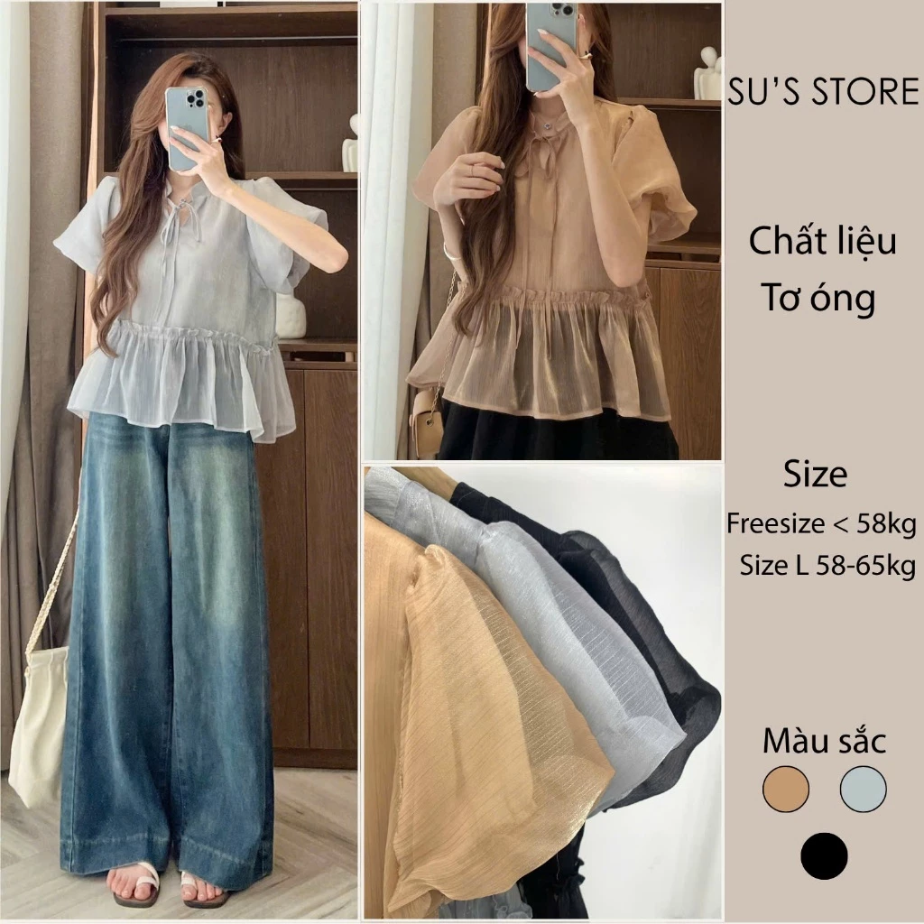 Áo Babydoll Cổ Nơ Tay Bồng Dáng Rộng Chất Tơ Óng Susstore A3022 Thời Trang Nữ Bigsize