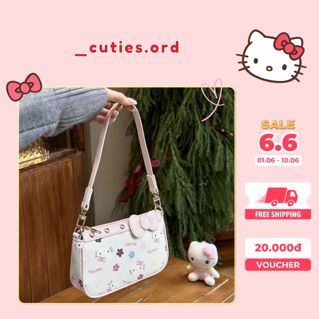 🎀 [HÀNG ORDER] Túi Đeo Vai Hello Kitty Siêu Dễ Thương – Da PU Cao Cấp, Phối Nơ Tim Cực Xinh
