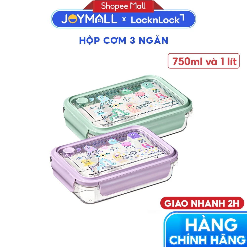 Hộp Cơm 3 Ngăn LocknLock 750ml LCB501, LCB502 1L, Hàng Chính Hãng, Thân Nhựa PCTG - JoyMall