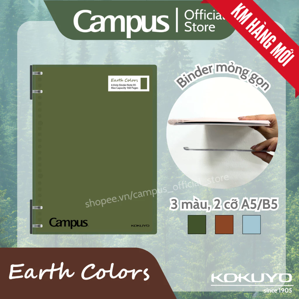 Sổ Bìa Còng 4 Lỗ Binder Mỏng Nhẹ Sức Chứa 80 tờ Kẻ Ngang 70gsm Series Earth Colors Chính Hãng Campus