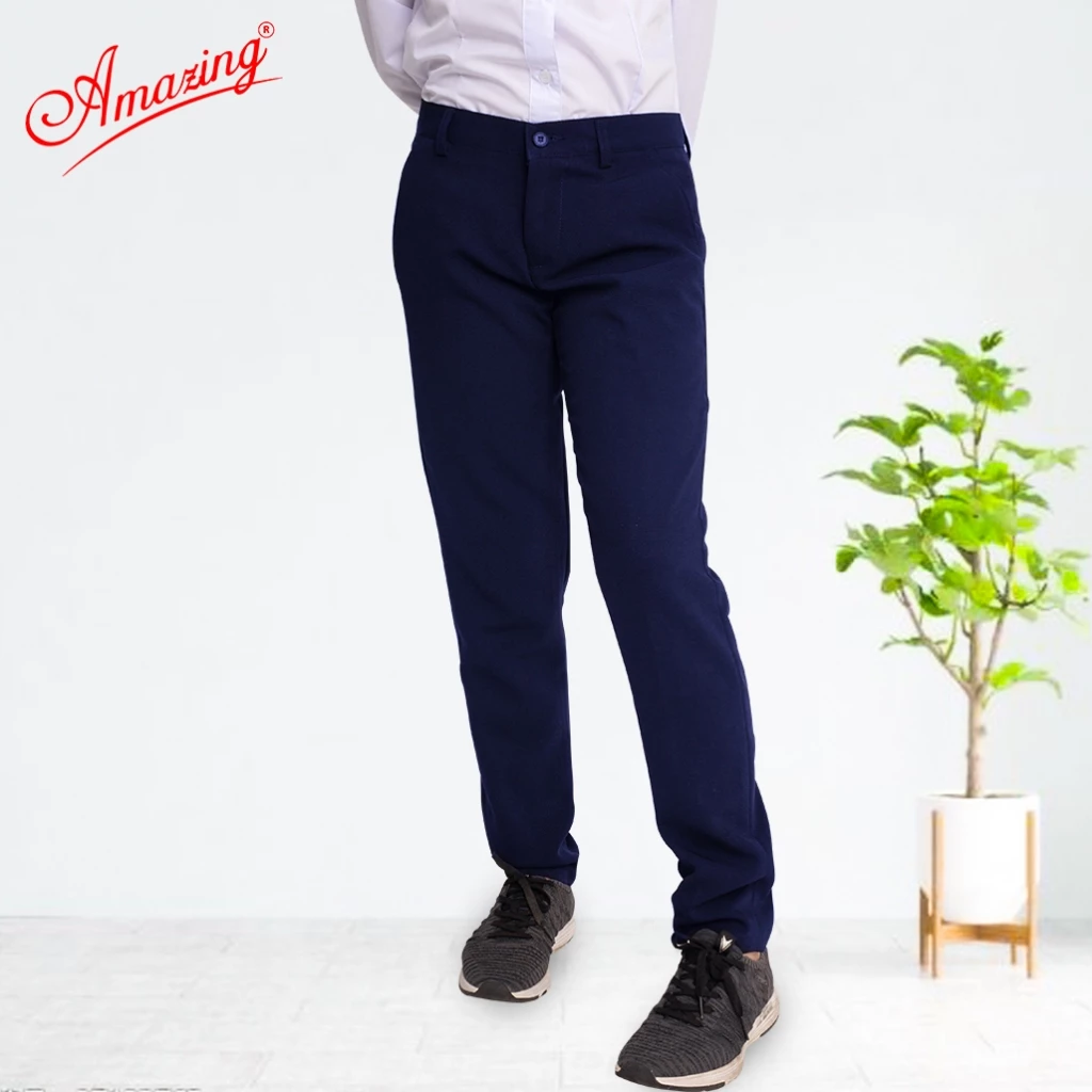 Quần tây 1 nút cho bé gái lưng vừa, đồng phục học sinh màu xanh và đen, vải tuyết mưa, Amazing