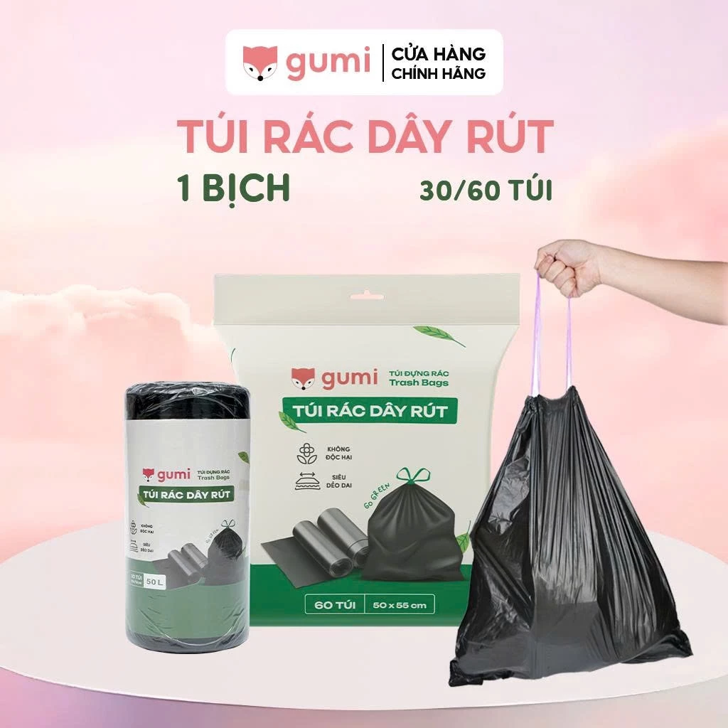 Túi rác Gumi túi đựng rác có dây rút tự phân huỷ bịch size 50x55cm/65x78cm túi đen đựng rác có quai